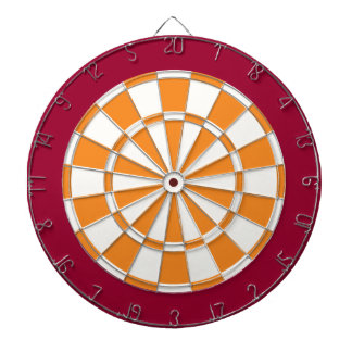 Dart Board: White, Orange, And Maroon Dartboard With Darts