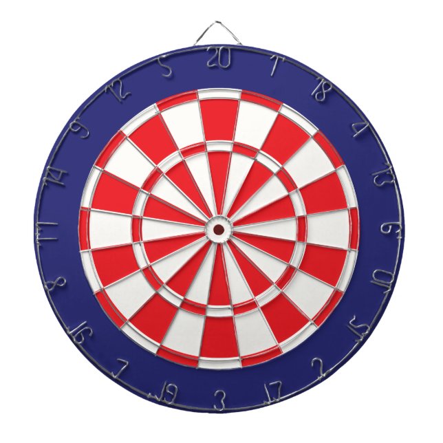 Dart Board: White, Red, And Navy Blue Dartboard With Darts (Front)