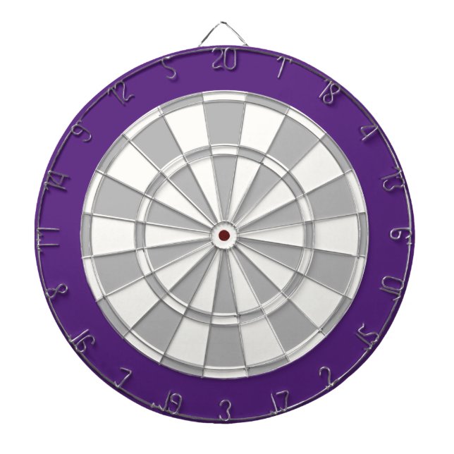 Dart Board: White, Silver Gray, And Purple Dartboard With Darts (Front)