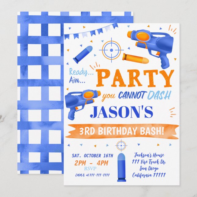 Dart Gun Birthday Invitations (Front/Back)