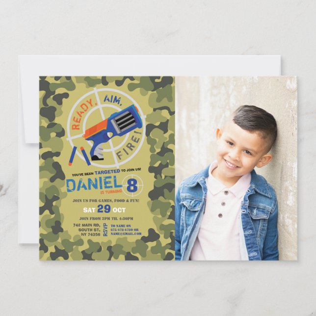Dart Gun Fun Aim Photo Camo Birthday Invitation (Front)