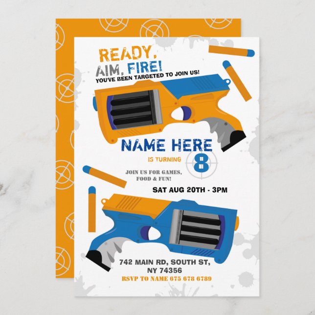 Dart Gun Fun Aim Shoot Blue Birthday Invitation (Front/Back)