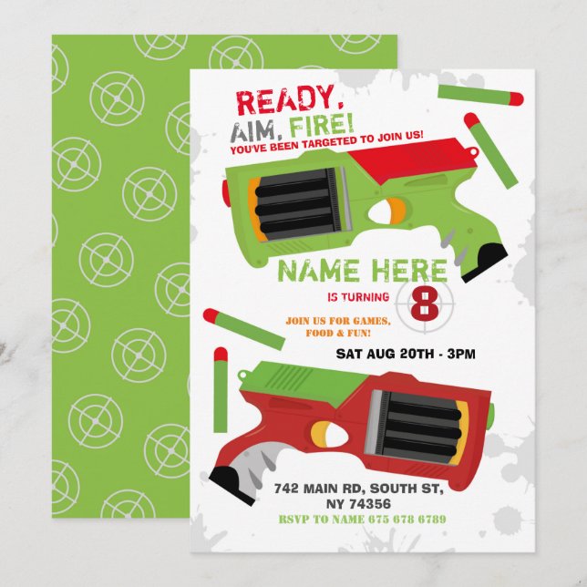 Dart Gun Fun Aim Shoot Party Birthday Invitation (Front/Back)