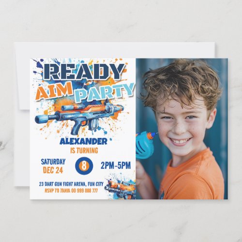 Dart Gun Party Birthday Photo Blue Orange Camo  Invitation