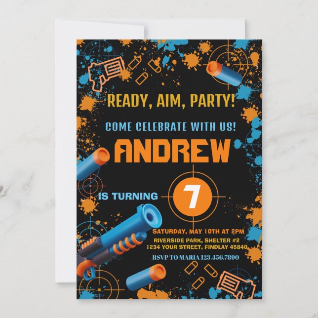 Dart Party Birthday Invitation | Dart Gun (Front)