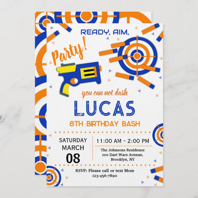 Dart Party Birthday Invitation | Dart Gun (Front/Back)