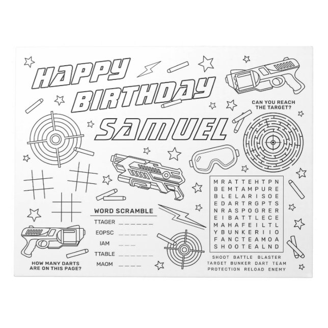 Dart War Birthday Party Coloring and Activity Page Notepad (Front)
