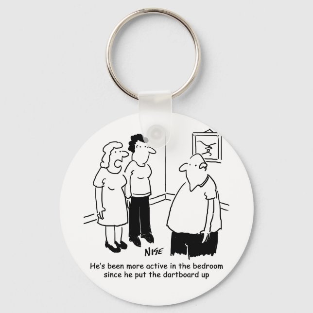 Dartboard in the Bedroom. Funny Cartoon Keychain (Front)