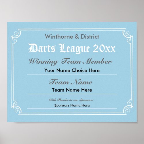 Darts Competition Certificate Poster