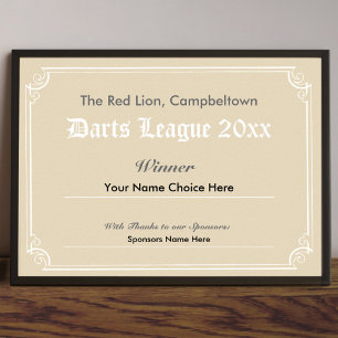 Darts Competition Winner's Certificate Poster