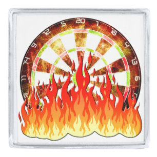 Darts, fire in the game on the dart board silver finish lapel pin