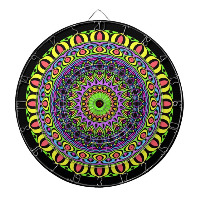 DARTs Mandala - neon 1 Dartboard With Darts (Front)
