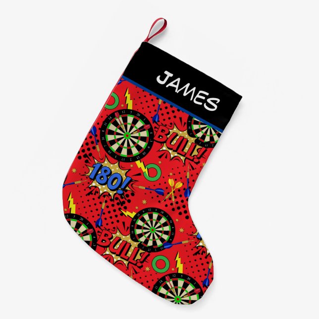 Darts Player Retro Comic Book Dartboard Patterned Small Christmas Stocking (Front (Hanging))