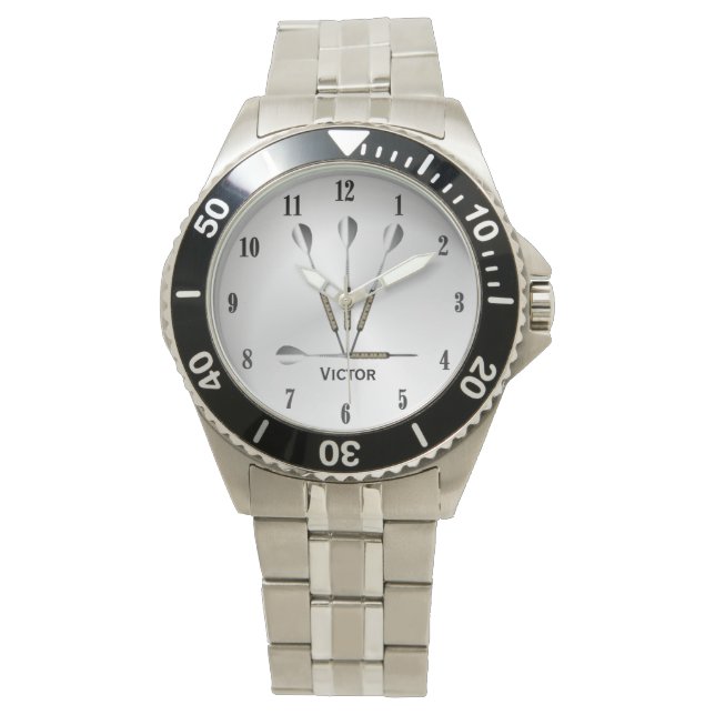 Darts Silver Personalized Name Black Numbers Watch (Front)