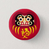 Daruma Doll Button, Adult Unisex, Size: ' ', 2¼ inch, Red/Black/Cream