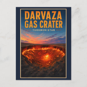 Darvaza Gas Crater Turkmenistan Illustration Retro Postcard