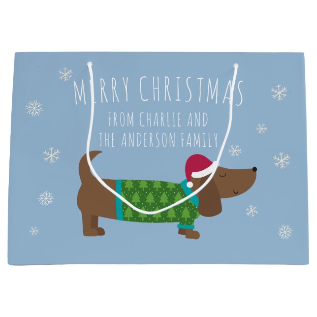 Daschund and Snowflakes Blue Cartoon  Large Gift Bag (Front)
