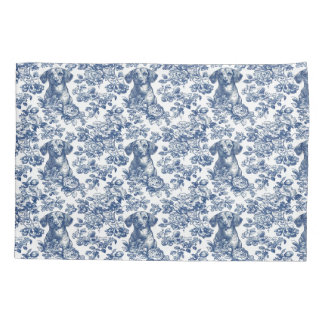 Daschund Dog Blue Toile Pattern Pillow Case