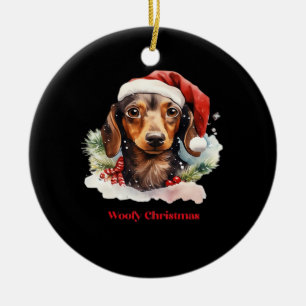 Daschund Dog Christmas Santa Hat Xmas Light Woofy Ceramic Ornament