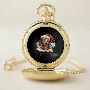Daschund Dog Christmas Santa Hat Xmas Light Woofy Pocket Watch