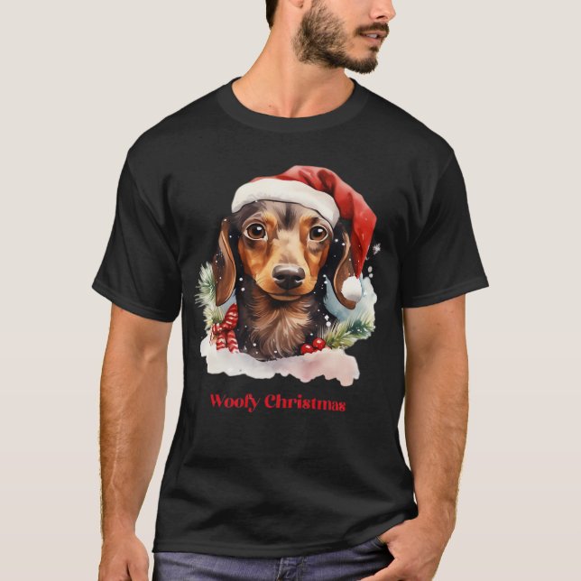 Daschund Dog Christmas Santa Hat Xmas Light Woofy  T-Shirt (Front)