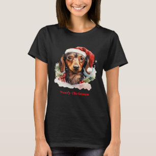 Daschund Dog Christmas Santa Hat Xmas Light Woofy T-Shirt