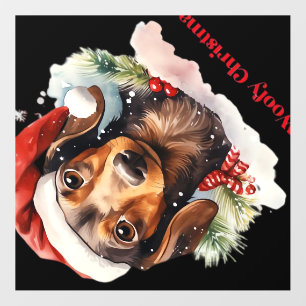 Daschund Dog Christmas Santa Hat Xmas Light Woofy Wall Decal
