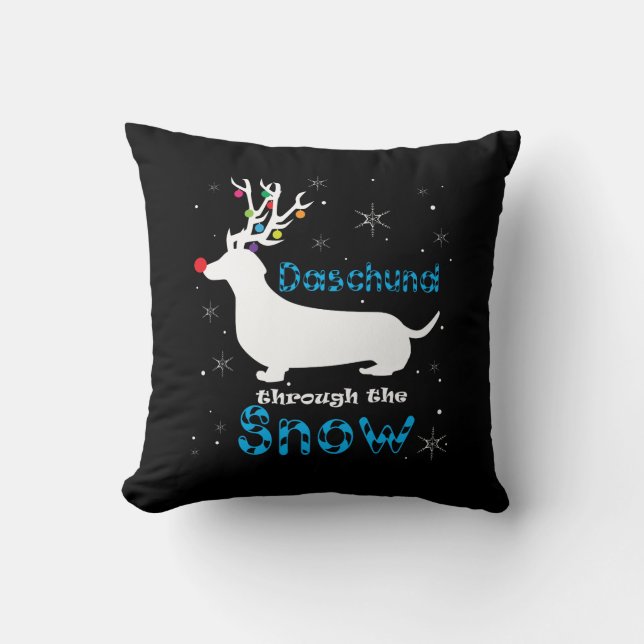 Daschund Gift Through The Snow Christmas Pun Throw Pillow (Front)