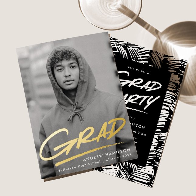 Dashed Grad Photo Graduation Party Gold Foil Invitation (Creator Uploaded)
