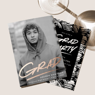 Dashed Grad Photo Graduation Party Rose Gold Foil Invitation