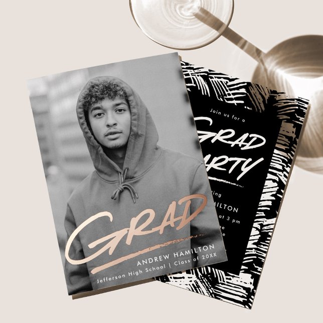 Dashed Grad Photo Graduation Party Rose Gold Foil Invitation (Creator Uploaded)