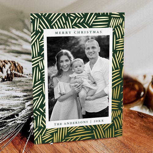 Dashed Green and Gold Photo Foil Holiday Card