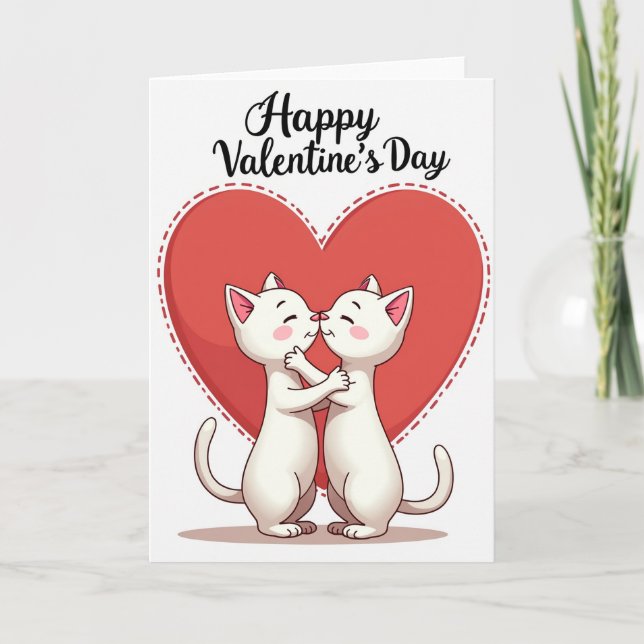Dashed Heart Cats Valentines Day Card (Front)