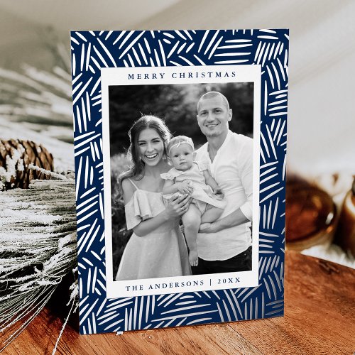 Dashed Navy and Silver Photo Foil Holiday Card