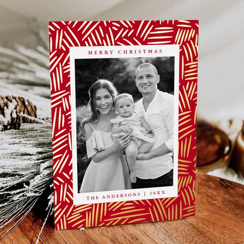 Dashed Red and Gold Photo Foil Holiday Card