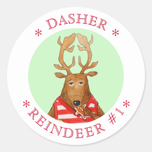 DASHER REINDEER Large Round Stickers (Front)