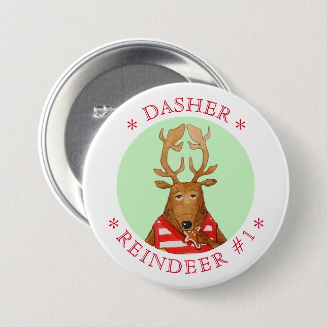 DASHER REINDEER Round Pin Button (Front & Back)