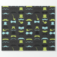 Black handlebar mustache and aqua stars little man wrapping paper