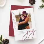Dashing Script | Joy | Vertical Photo Holiday Card<br><div class="desc">A modern and elegant holiday card featuring a vertical or portrait-oriented photo accented with thin vertical stripes. "Joy" appears beneath in casual hand lettered script typography. Personalize with your custom holiday greeting,  family name,  and the year. A chic and modern minialist choice for your Christmas 2021 cards.</div>