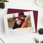 Dashing Script | Merry | Horizontal Photo Foil Holiday Card<br><div class="desc">A modern and elegant holiday card featuring a horizontal or landscape-oriented photo accented with thin vertical foil stripes. "Merry" appears beneath in casual hand lettered gold foil script typography. Personalize with your custom holiday greeting, family name, and the year. A chic and modern minimalist choice for your Christmas 2022 cards....</div>