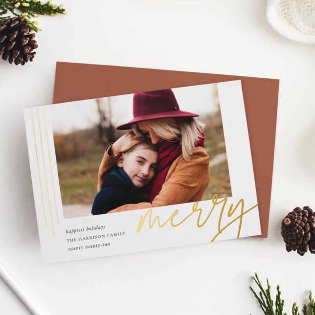Dashing Script | Merry | Horizontal Photo Foil Holiday Card (Creator Uploaded)