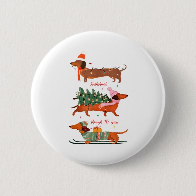 Dashing Through The Snow Christmas Wiener Dog Holi Button (Front)
