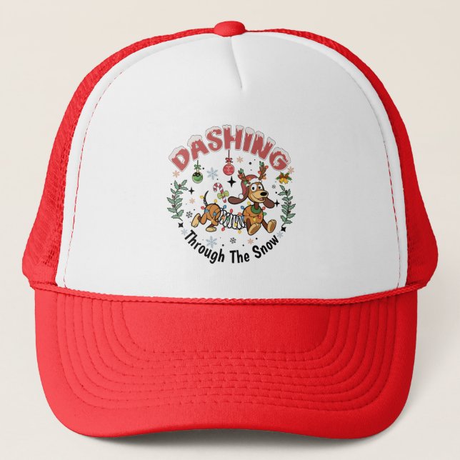 Dashing Through the Snow Funny Dachshund Dog Xmas Trucker Hat (Front)
