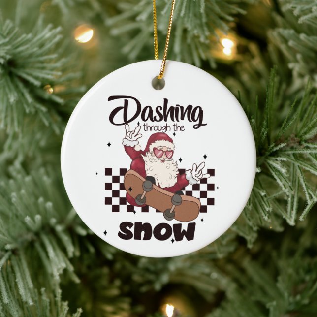 Dashing Through The Snow Skateboard Santa Ceramic Ornament (Tree)