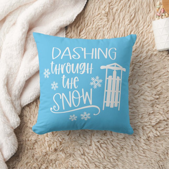 Dashing Through The Snow with Sled & Snowflakes Throw Pillow (Blanket)
