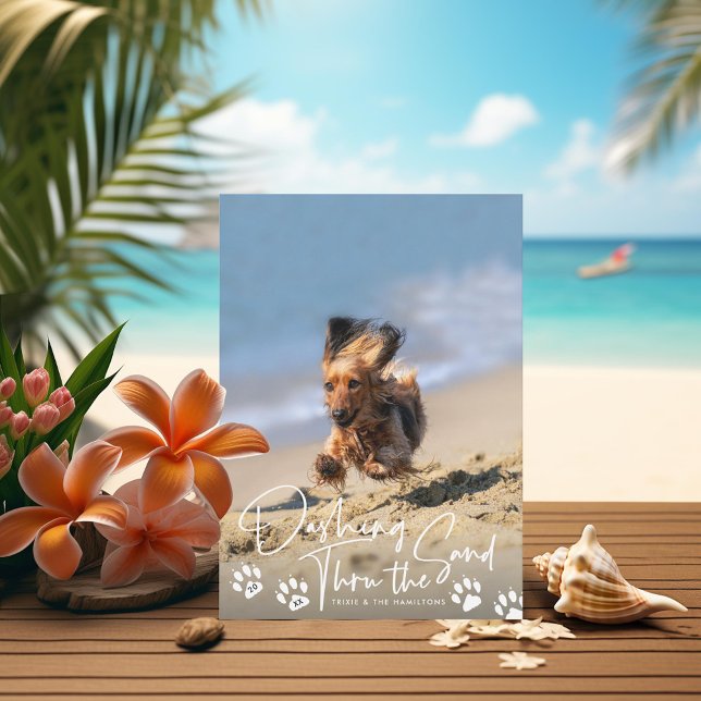 Dashing Thru the Sand Beach Dog Paws Holiday Photo Card (Creator Uploaded)