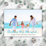 Dashing Thru The Sand Tropical Coastal Chic Photo Holiday Card<br><div class="desc">From Christmas at the beach to your favorite coastal vacation, this “Dashing thru the sand" holiday card is a fun way to wish friends and family a tropical Merry Christmas! Features your favorite beach photo, personalized greeting and name. Back of the card has starfish pattern on an aqua blue background....</div>