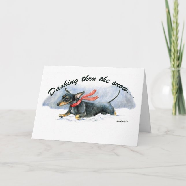 "Dashing Thru the Snow"Dachshund Art Greeting Card (Front)