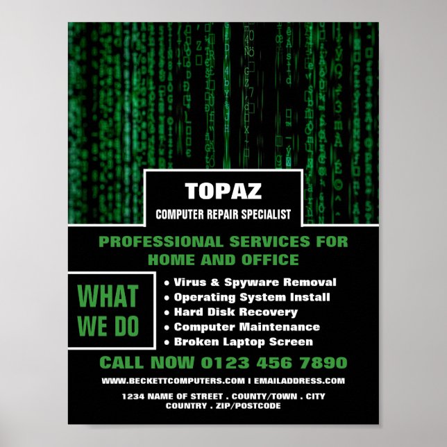 Data Screen Computer Repair Specialist Advertising Poster (Front)
