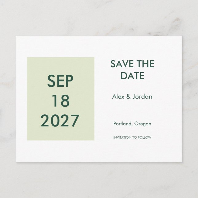 Date Block Green Wedding Save the Date Postcard (Front)